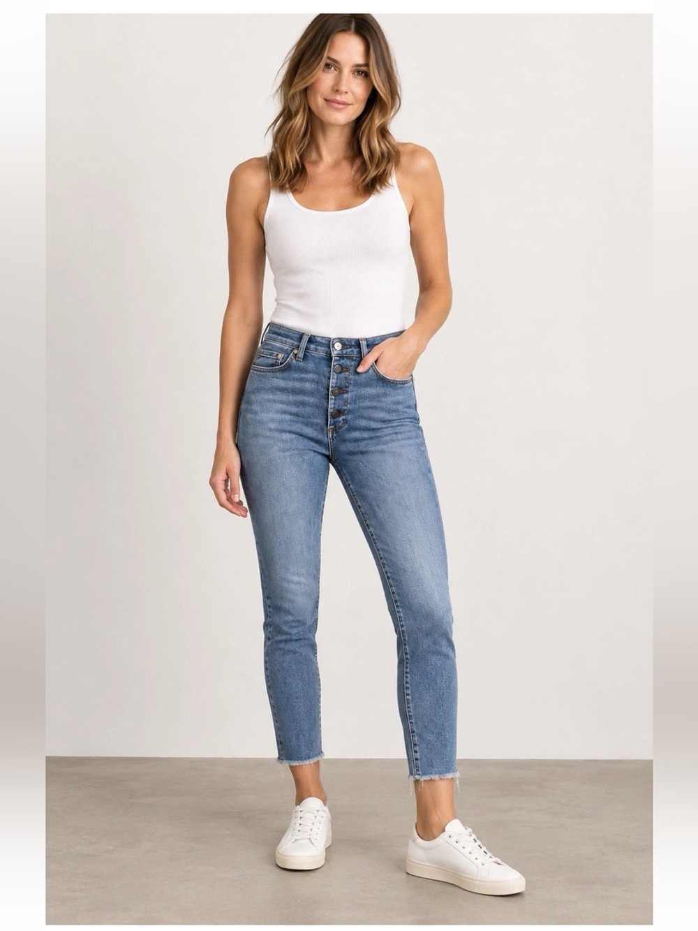 rag & bone Nina High Rise Ankle Skinny Jeans 27 Button Fly Raw Hem Blue Denim